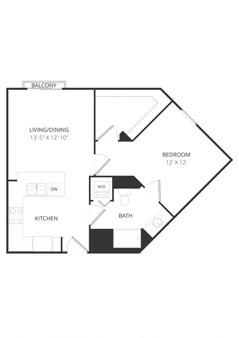 Floor plan for 1 bed, 1 bath, 693 sqft
